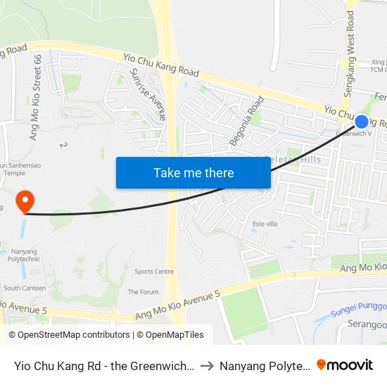 Yio Chu Kang Rd - the Greenwich (67049) to Nanyang Polytechnic map