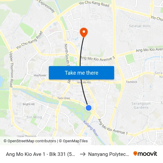 Ang Mo Kio Ave 1 - Blk 331 (54091) to Nanyang Polytechnic map