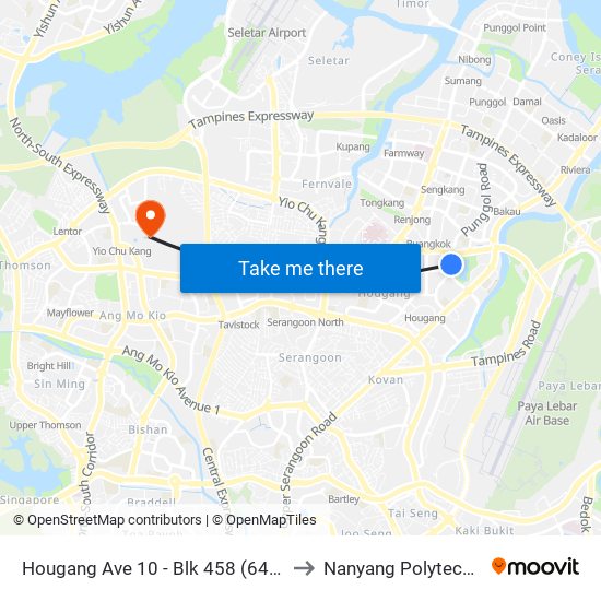 Hougang Ave 10 - Blk 458 (64021) to Nanyang Polytechnic map