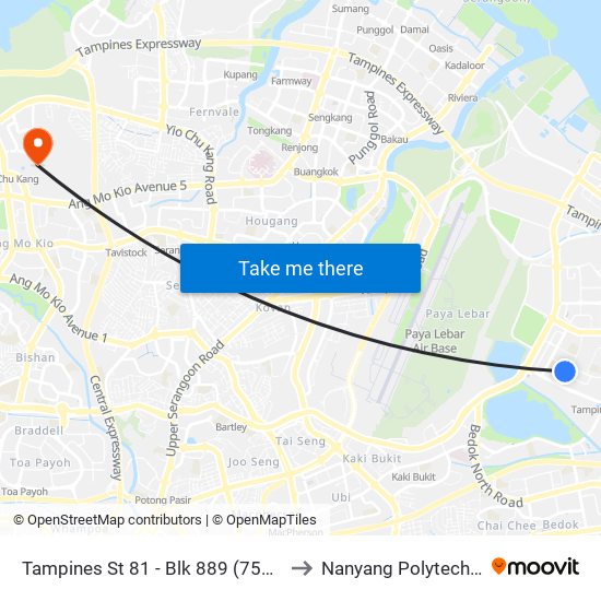 Tampines St 81 - Blk 889 (75219) to Nanyang Polytechnic map