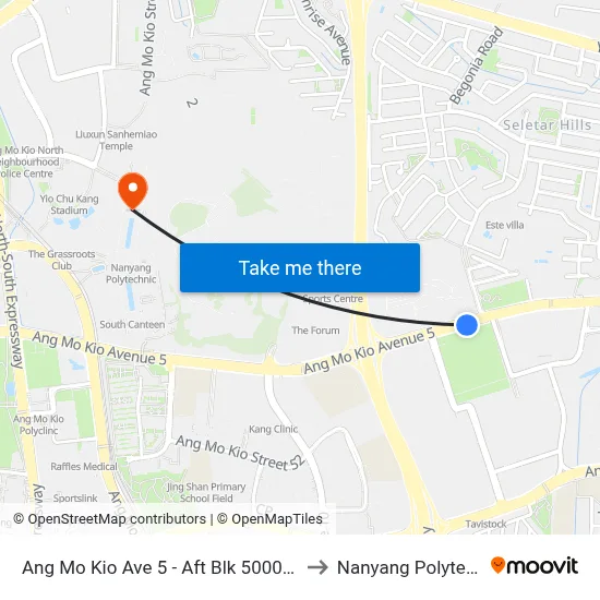 Ang Mo Kio Ave 5 - Aft Blk 5000 (54509) to Nanyang Polytechnic map