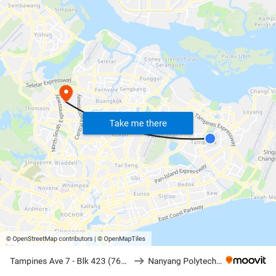 Tampines Ave 7 - Blk 423 (76201) to Nanyang Polytechnic map