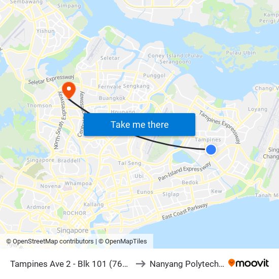 Tampines Ave 2 - Blk 101 (76079) to Nanyang Polytechnic map