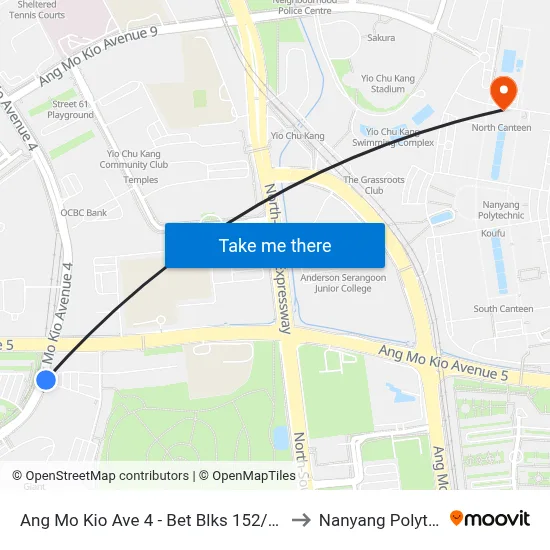 Ang Mo Kio Ave 4 - Bet Blks 152/155 (54209) to Nanyang Polytechnic map