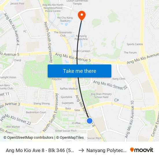 Ang Mo Kio Ave 8 - Blk 346 (54331) to Nanyang Polytechnic map