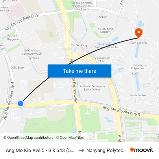 Ang Mo Kio Ave 5 - Blk 643 (54451) to Nanyang Polytechnic map