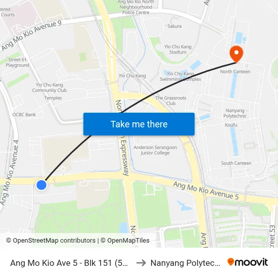 Ang Mo Kio Ave 5 - Blk 151 (54459) to Nanyang Polytechnic map