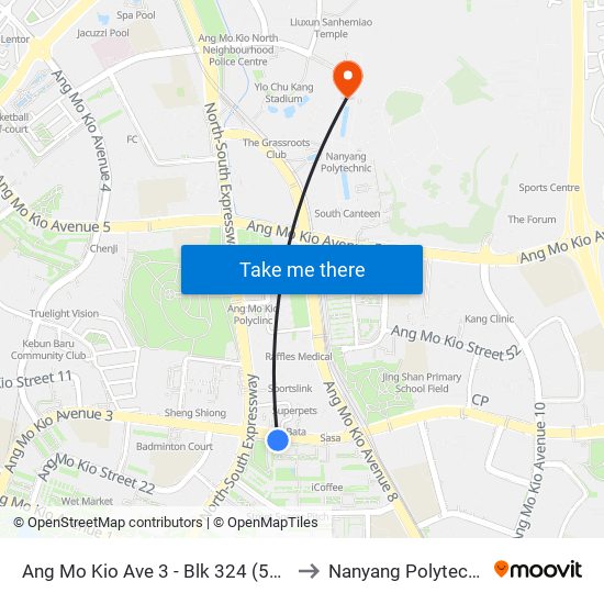 Ang Mo Kio Ave 3 - Blk 324 (54248) to Nanyang Polytechnic map