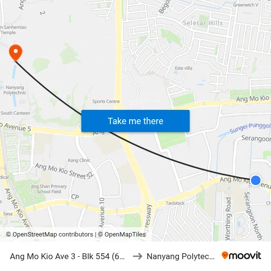 Ang Mo Kio Ave 3 - Blk 554 (66331) to Nanyang Polytechnic map