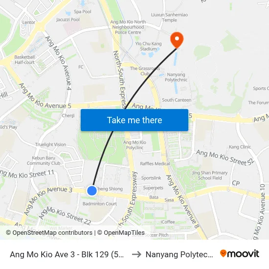 Ang Mo Kio Ave 3 - Blk 129 (54231) to Nanyang Polytechnic map