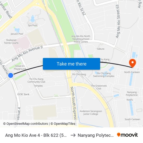 Ang Mo Kio Ave 4 - Blk 622 (55149) to Nanyang Polytechnic map