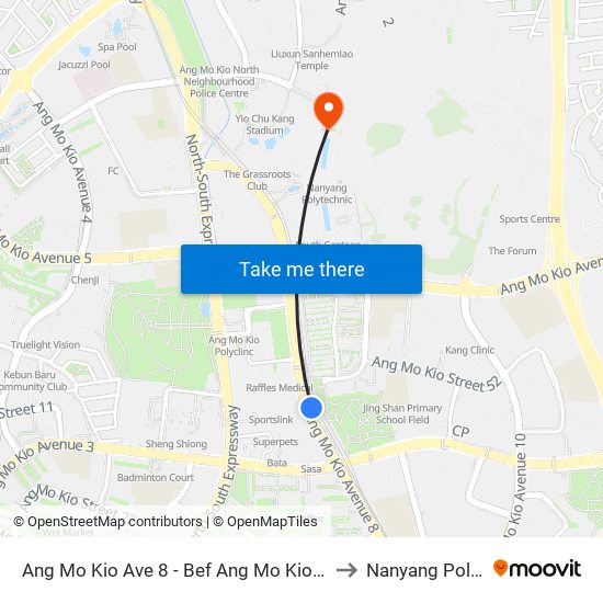 Ang Mo Kio Ave 8 - Bef Ang Mo Kio Stn Exit B (54399) to Nanyang Polytechnic map