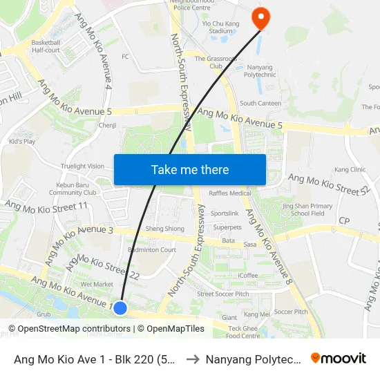 Ang Mo Kio Ave 1 - Blk 220 (54611) to Nanyang Polytechnic map