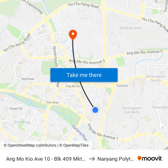 Ang Mo Kio Ave 10 - Blk 409 Mkt/Fc (54371) to Nanyang Polytechnic map