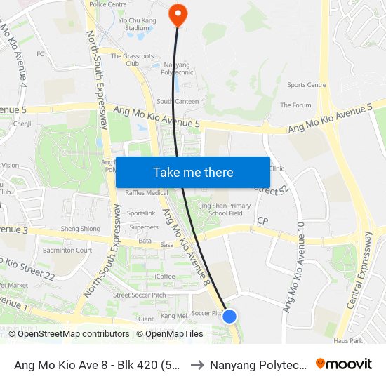 Ang Mo Kio Ave 8 - Blk 420 (54329) to Nanyang Polytechnic map