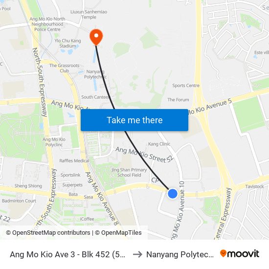 Ang Mo Kio Ave 3 - Blk 452 (54289) to Nanyang Polytechnic map
