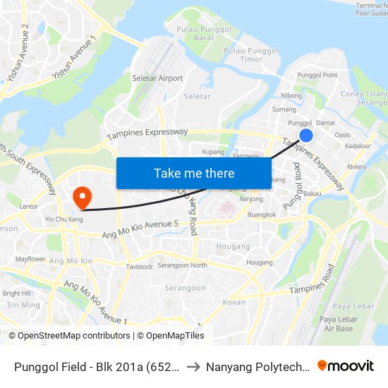 Punggol Field - Blk 201a (65209) to Nanyang Polytechnic map