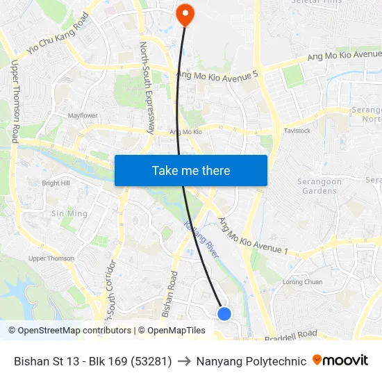 Bishan St 13 - Blk 169 (53281) to Nanyang Polytechnic map