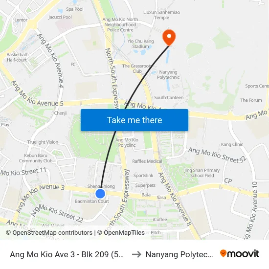 Ang Mo Kio Ave 3 - Blk 209 (54239) to Nanyang Polytechnic map