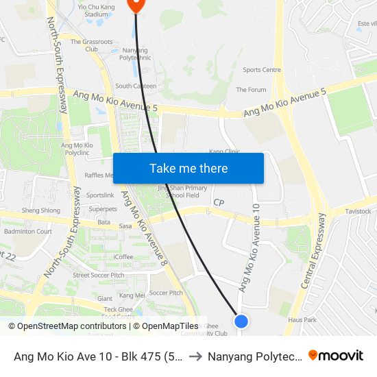 Ang Mo Kio Ave 10 - Blk 475 (54379) to Nanyang Polytechnic map