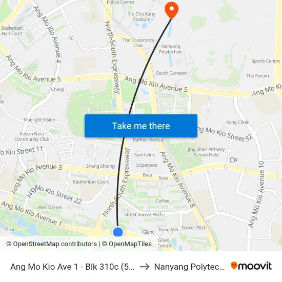 Ang Mo Kio Ave 1 - Blk 310c (54071) to Nanyang Polytechnic map