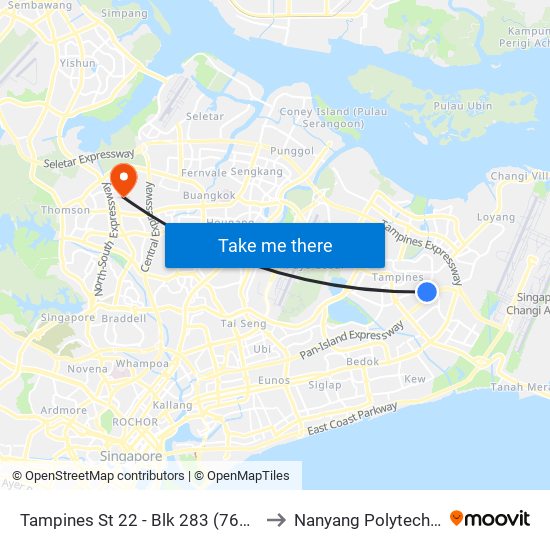 Tampines St 22 - Blk 283 (76301) to Nanyang Polytechnic map