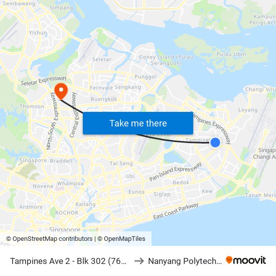 Tampines Ave 2 - Blk 302 (76109) to Nanyang Polytechnic map