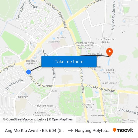 Ang Mo Kio Ave 5 - Blk 604 (55129) to Nanyang Polytechnic map