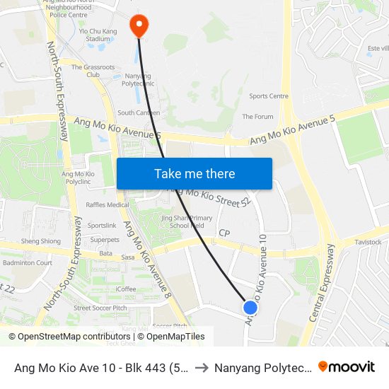 Ang Mo Kio Ave 10 - Blk 443 (54381) to Nanyang Polytechnic map