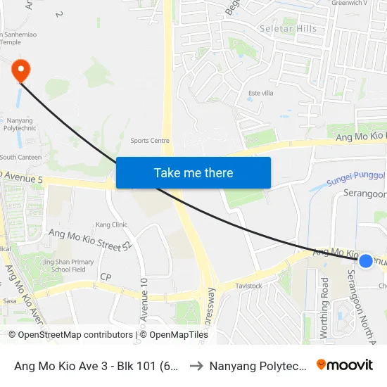 Ang Mo Kio Ave 3 - Blk 101 (66339) to Nanyang Polytechnic map