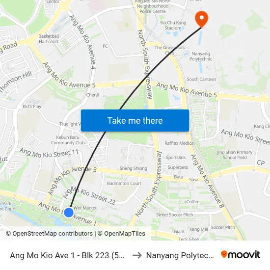Ang Mo Kio Ave 1 - Blk 223 (54621) to Nanyang Polytechnic map