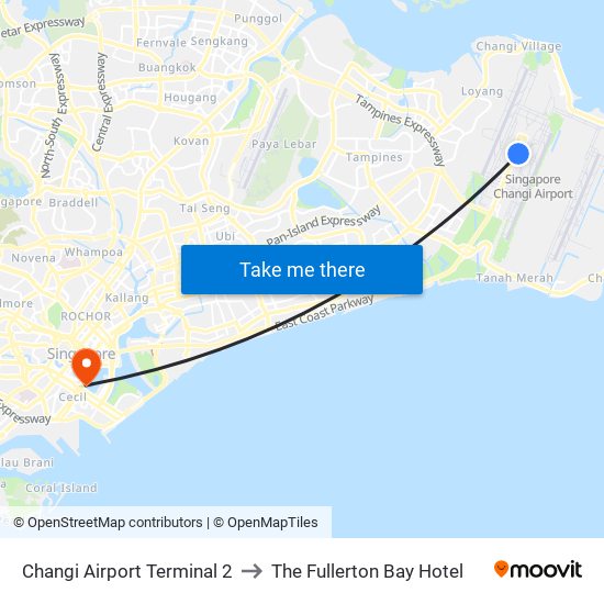 Changi Airport Terminal 2 to The Fullerton Bay Hotel map