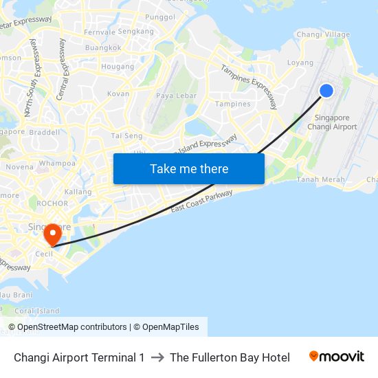 Changi Airport Terminal 1 to The Fullerton Bay Hotel map