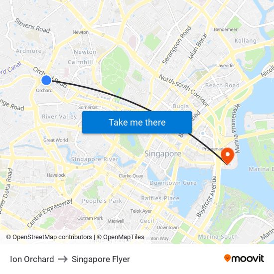 Ion Orchard to Singapore Flyer map
