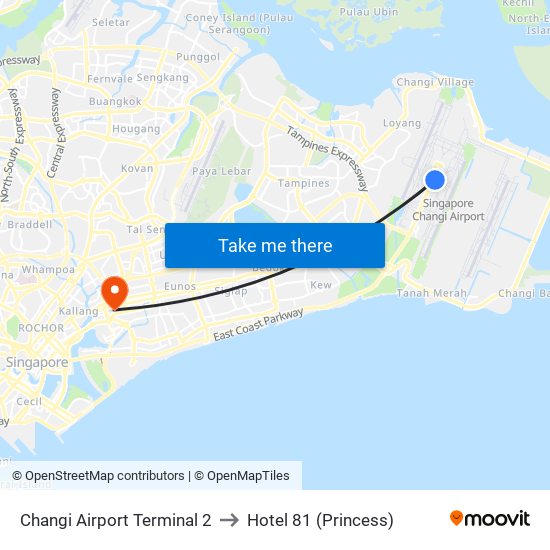 Changi Airport Terminal 2 to Hotel 81 (Princess) map