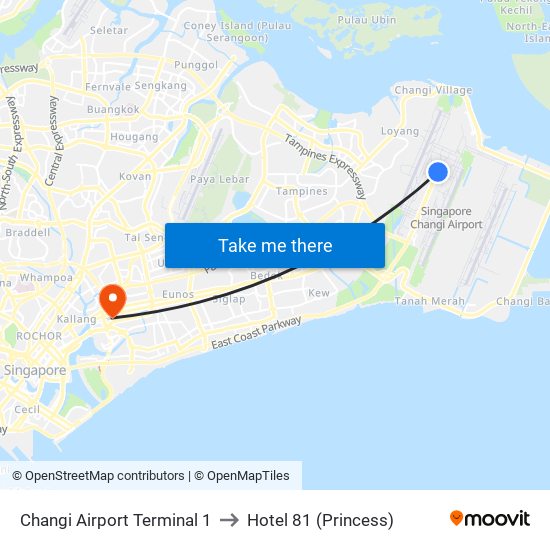 Changi Airport Terminal 1 to Hotel 81 (Princess) map