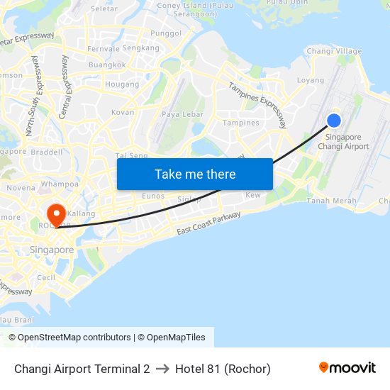 Changi Airport Terminal 2 to Hotel 81 (Rochor) map
