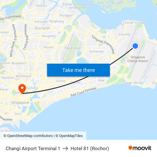 Changi Airport Terminal 1 to Hotel 81 (Rochor) map