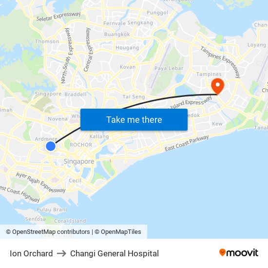 Ion Orchard to Changi General Hospital map