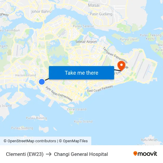Clementi (EW23) to Changi General Hospital map