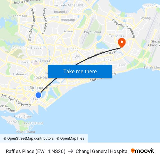 Raffles Place (EW14|NS26) to Changi General Hospital map