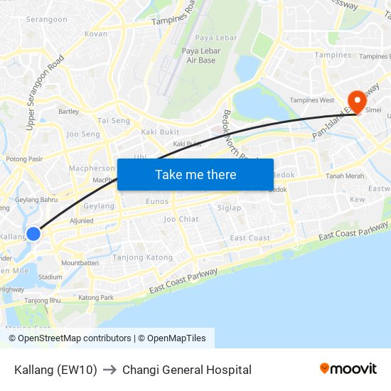 Kallang (EW10) to Changi General Hospital map