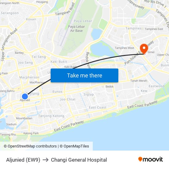 Aljunied (EW9) to Changi General Hospital map