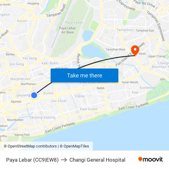 Paya Lebar (CC9|EW8) to Changi General Hospital map