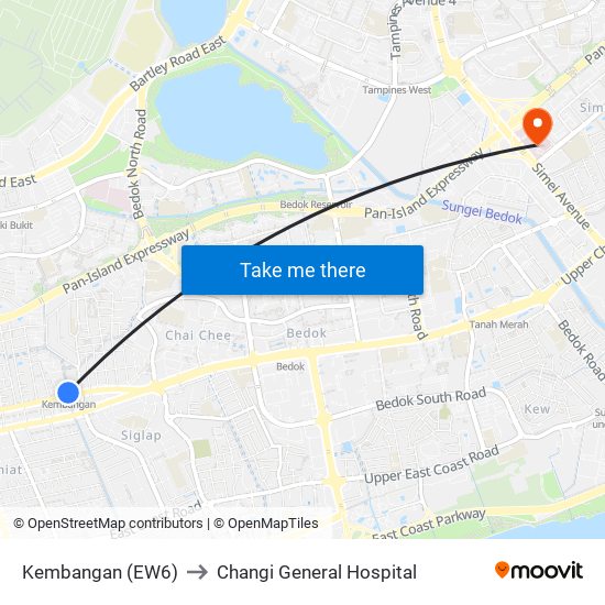 Kembangan (EW6) to Changi General Hospital map