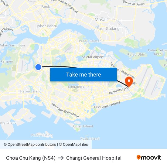 Choa Chu Kang (NS4) to Changi General Hospital map