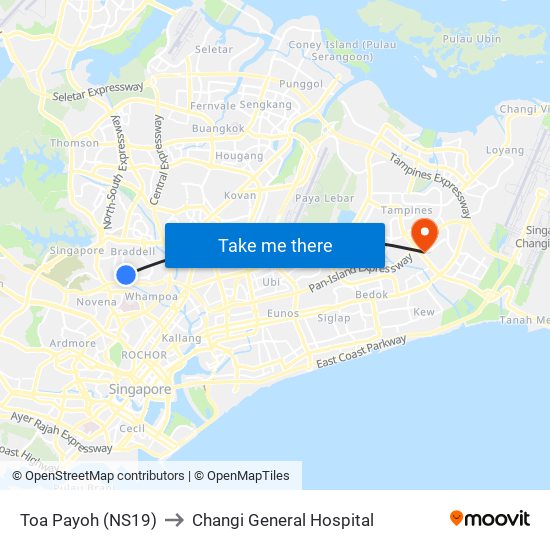 Toa Payoh (NS19) to Changi General Hospital map
