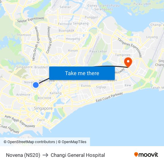 Novena (NS20) to Changi General Hospital map