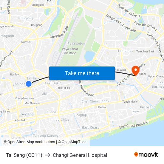 Tai Seng (CC11) to Changi General Hospital map