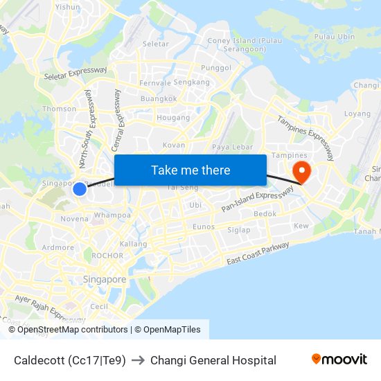 Caldecott (Cc17|Te9) to Changi General Hospital map